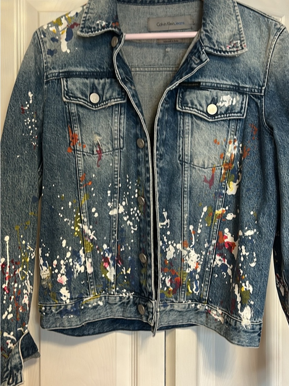 Calvin Klein Blue Denim Jacket with Multicolor Paint Splatter